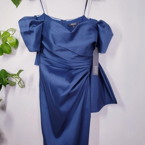 Blue Dress Satin Gown XS BADGLEY MISCHKA 2 Off Shoulder Ruched Formal NWT $895‎ - Picture 10 of 13